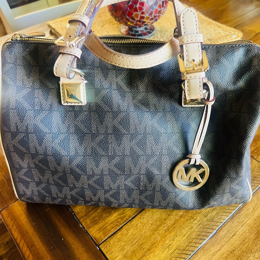 Michael Kors Brown and Tan Satchel with Monogram Pattern